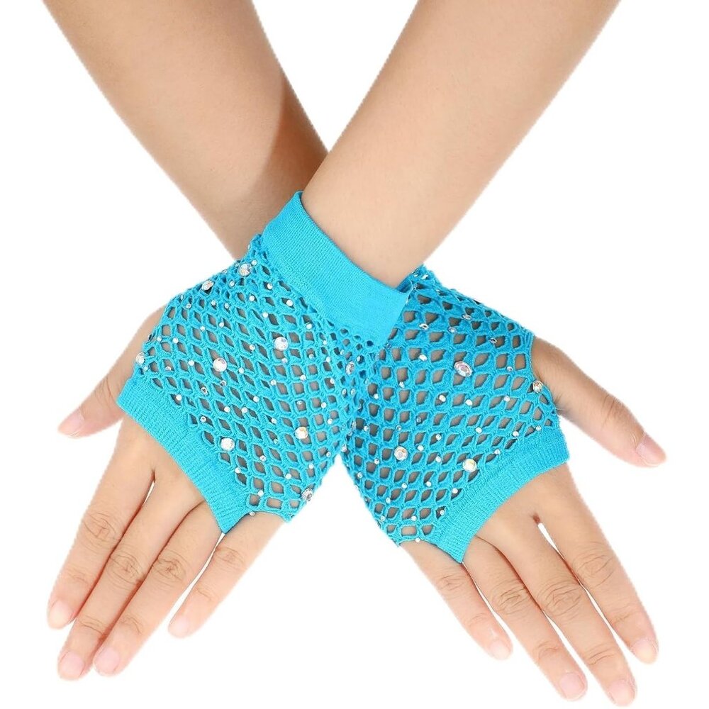 Women's Blue Rhinestone Fishnet Short Mesh Gloves Halloween Party Costumes
